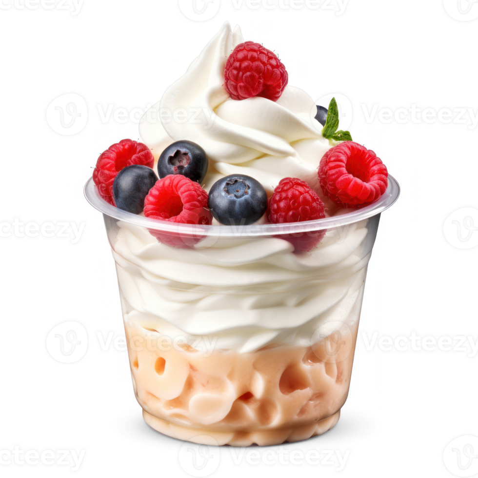 Whipped cream dessert with berries in plastic cup isolated on transparent on transparent background png