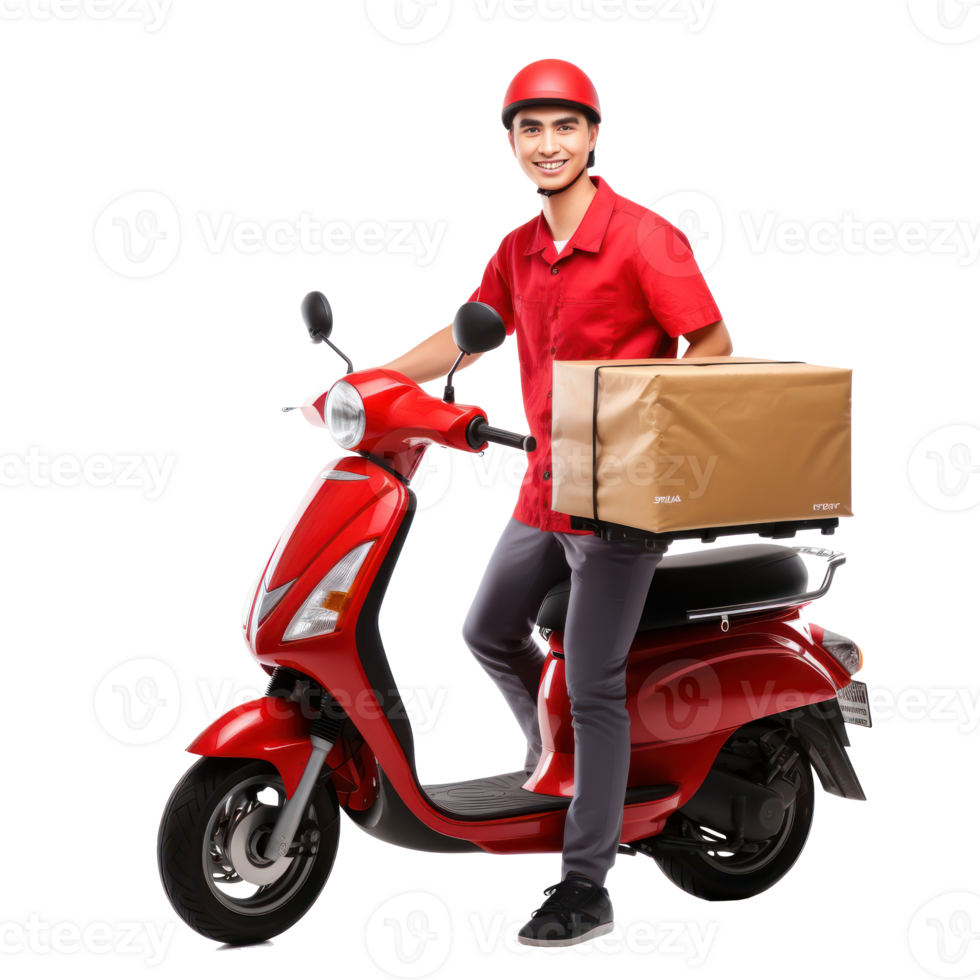 Delivery man wearing a uniform with a scooter over transparent background png