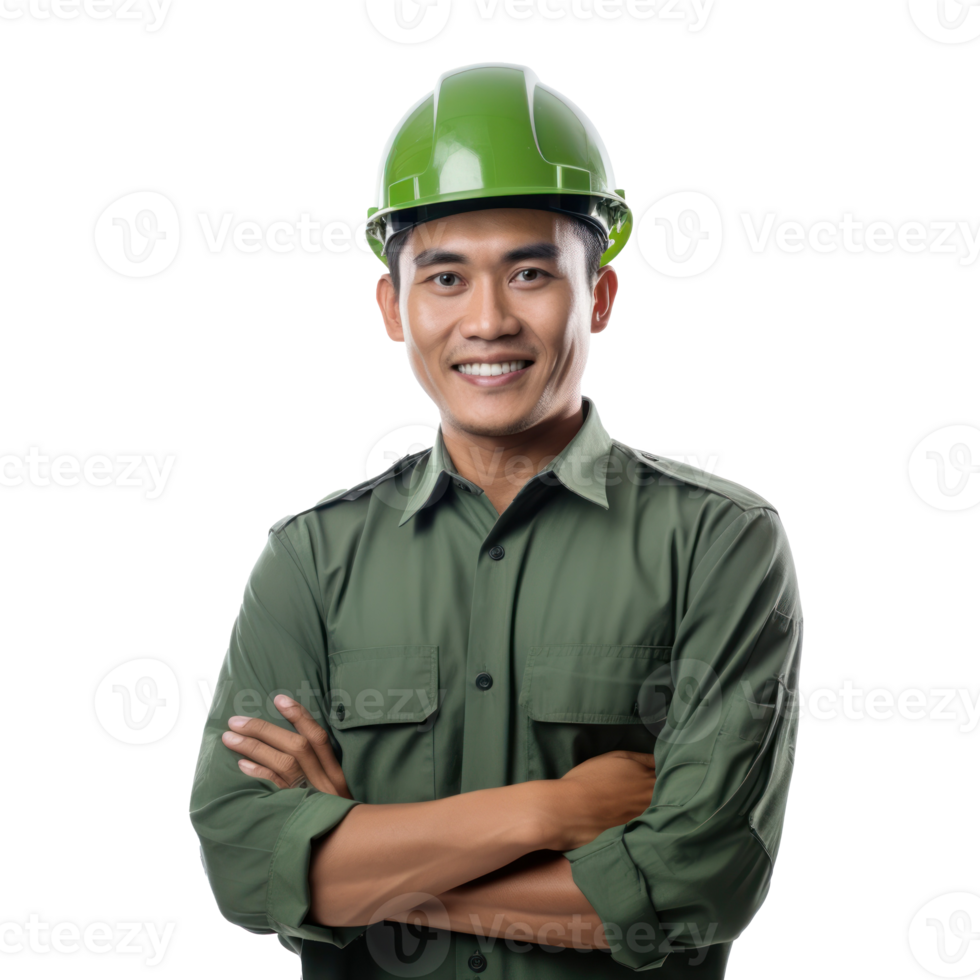 Portrait of attractive Southeast Asian engineer with green hard hat arms crossed smiling, standing isolated on transparent background png