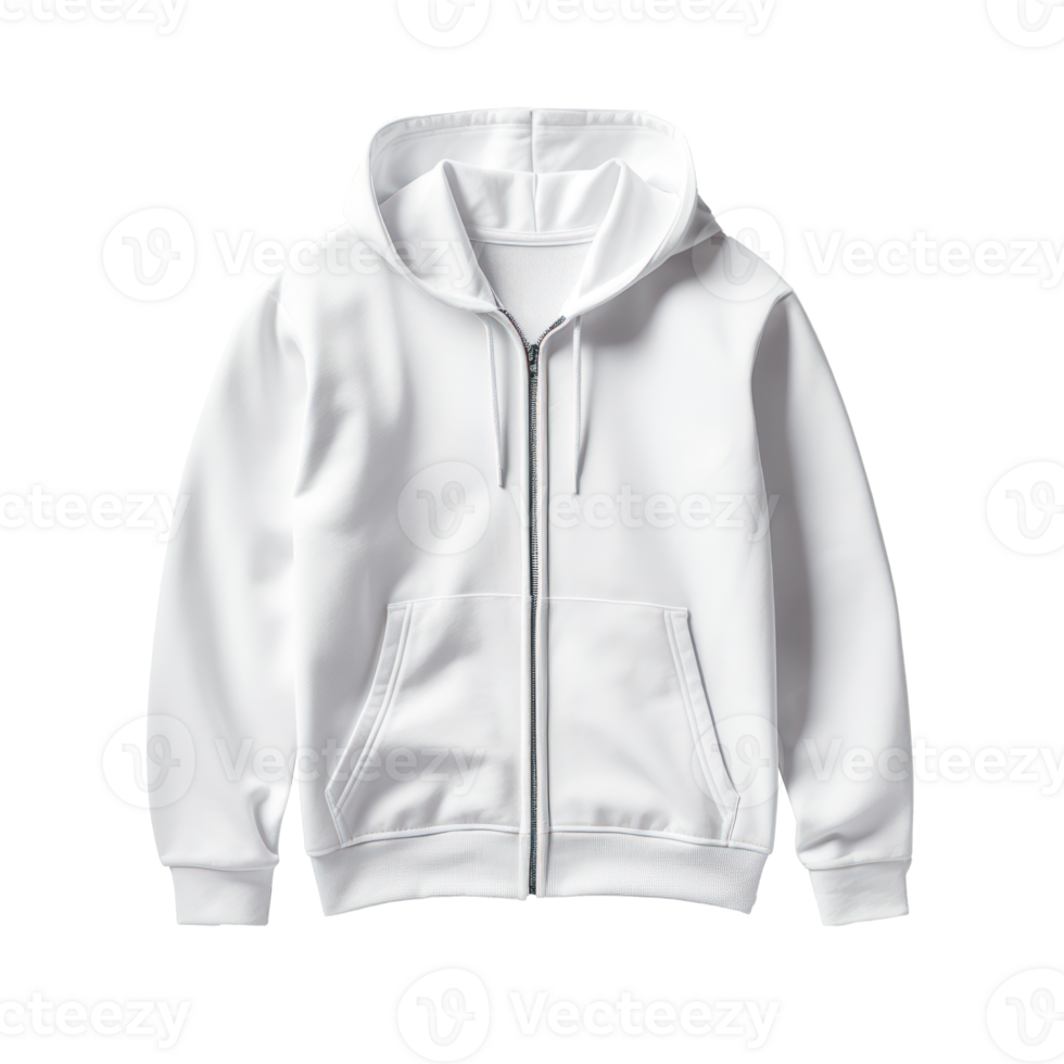 A white hoodie with zipper, front view, realistic product photography, isolatioed transparent background png