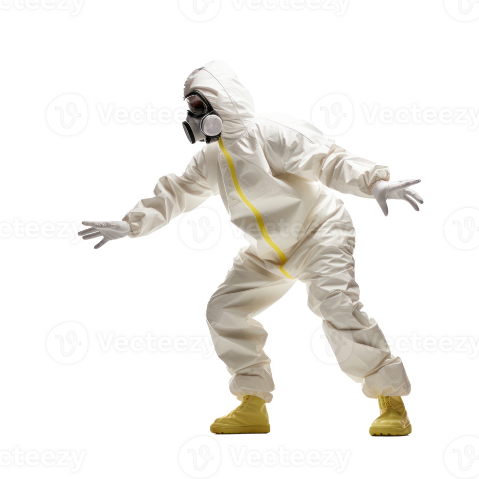 a man in a hazmat suit, tiptoeing, in front of a transparent background png