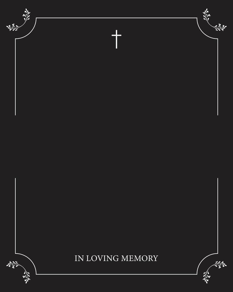 Funeral card. Empty card for funeral with white frame on black background. vector