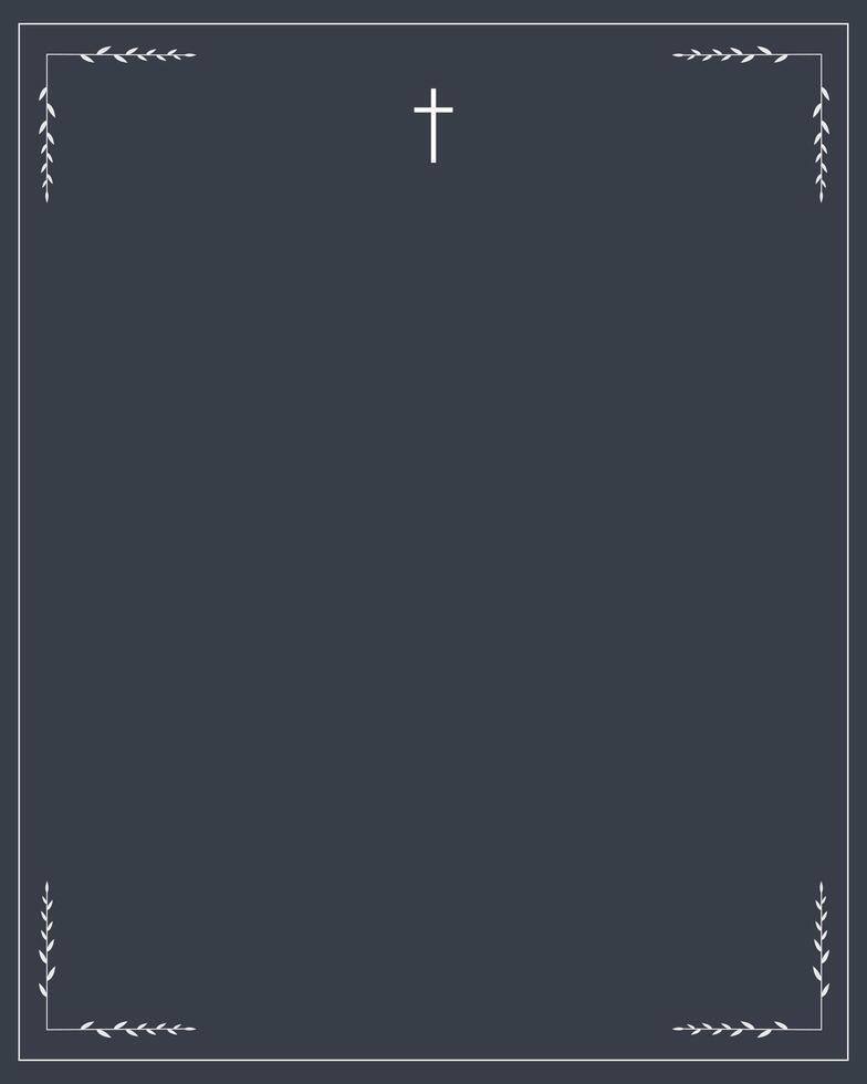 Funeral card. Empty card. White cross and leaves on dark background vector