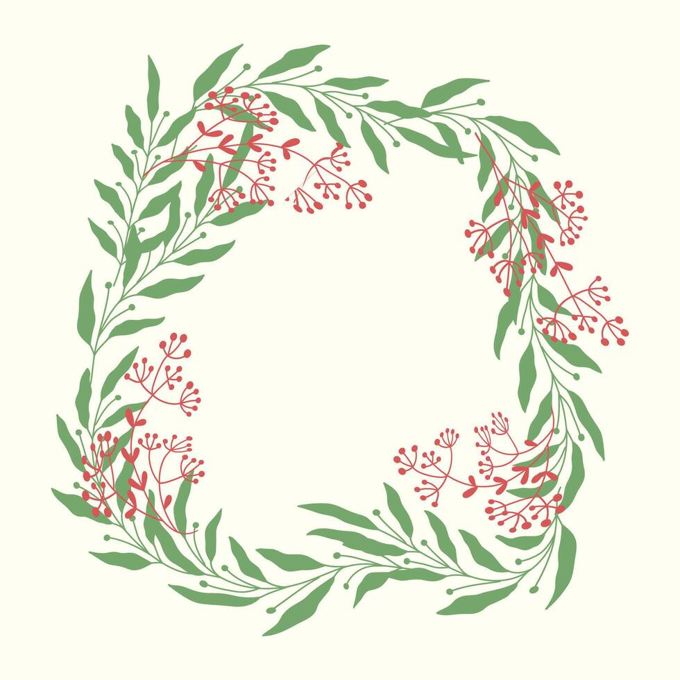 A wreath of red and green leaves and flowers on a white background vector