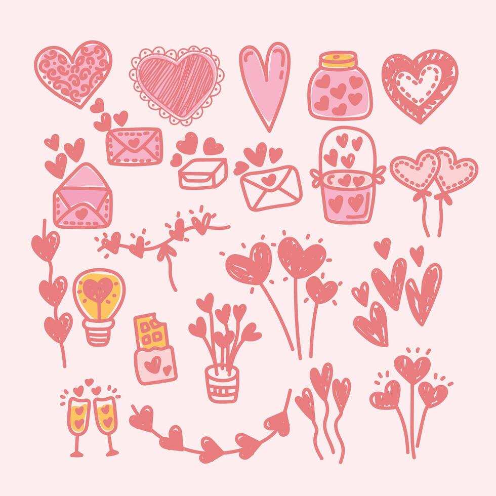 Valentine's day icons set, pink and red vector