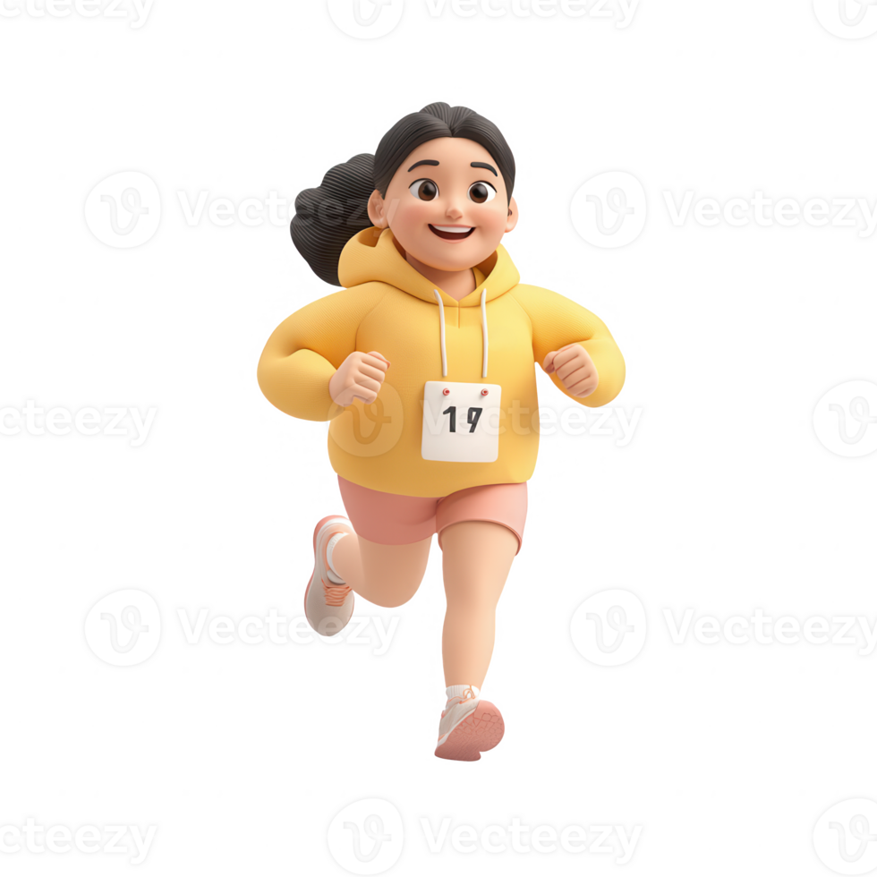 A cheerful girl running in a race, wearing a yellow hoodie and number bib. png