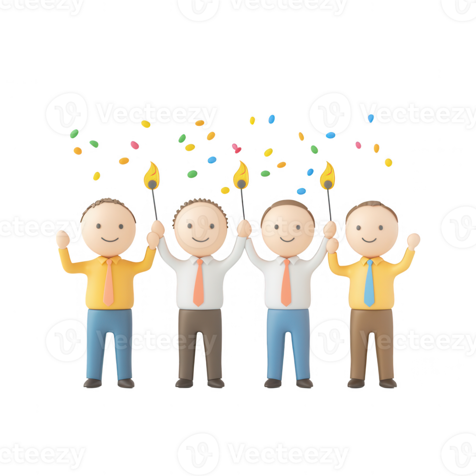 Four joyful individuals celebrate with colorful confetti and lit sparklers. png