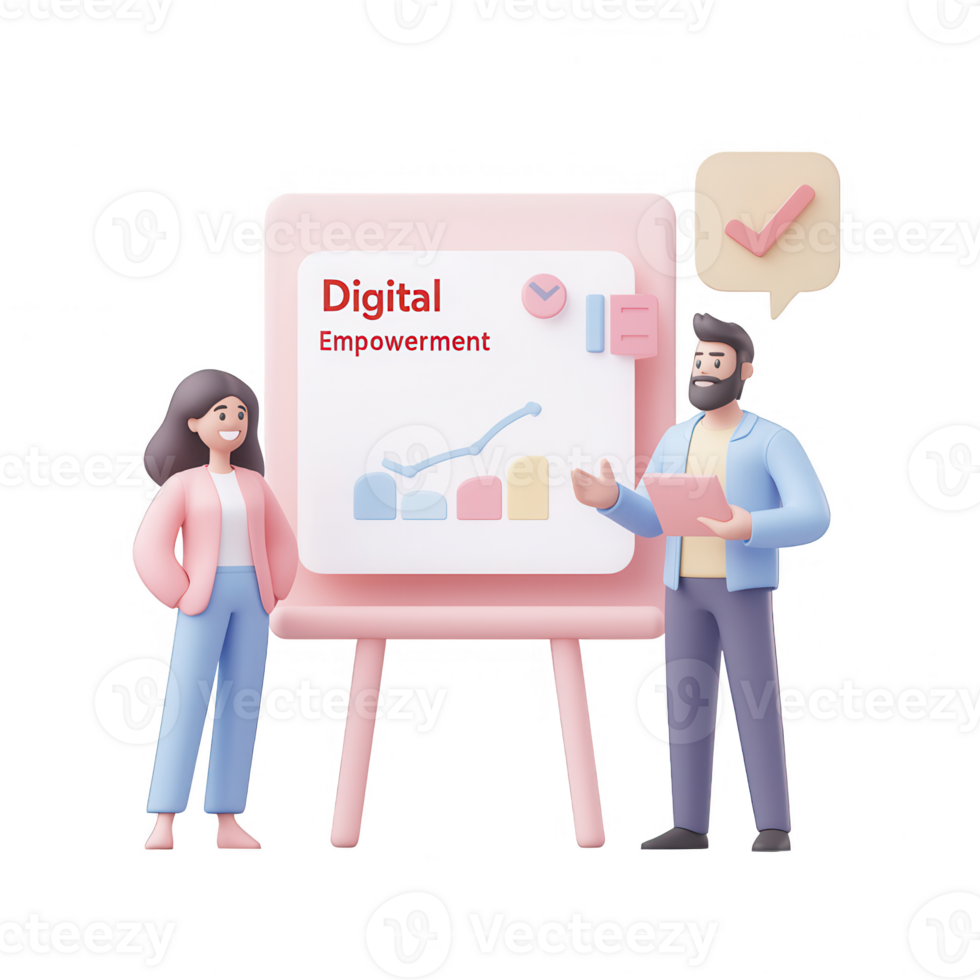 Professionals discuss digital empowerment using a presentation board. png