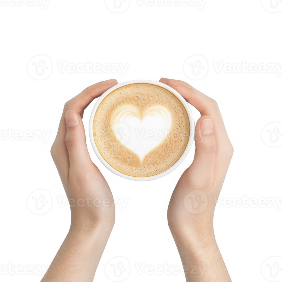 Hands holding a cup of coffee with a heart-shaped latte art design. png