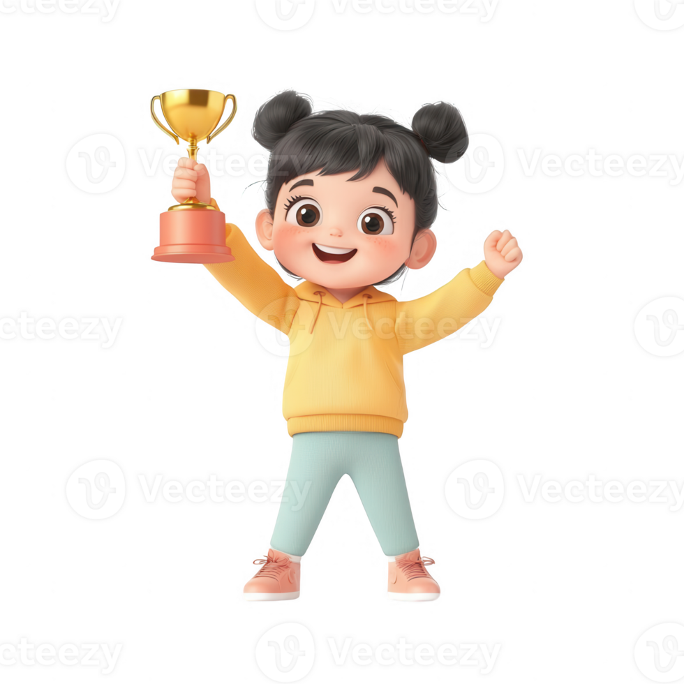Joyful child celebrating victory while holding a golden trophy. png