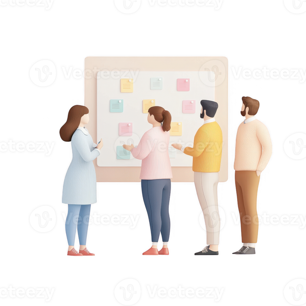 Diverse team collaborating at a whiteboard with colorful notes and ideas. png