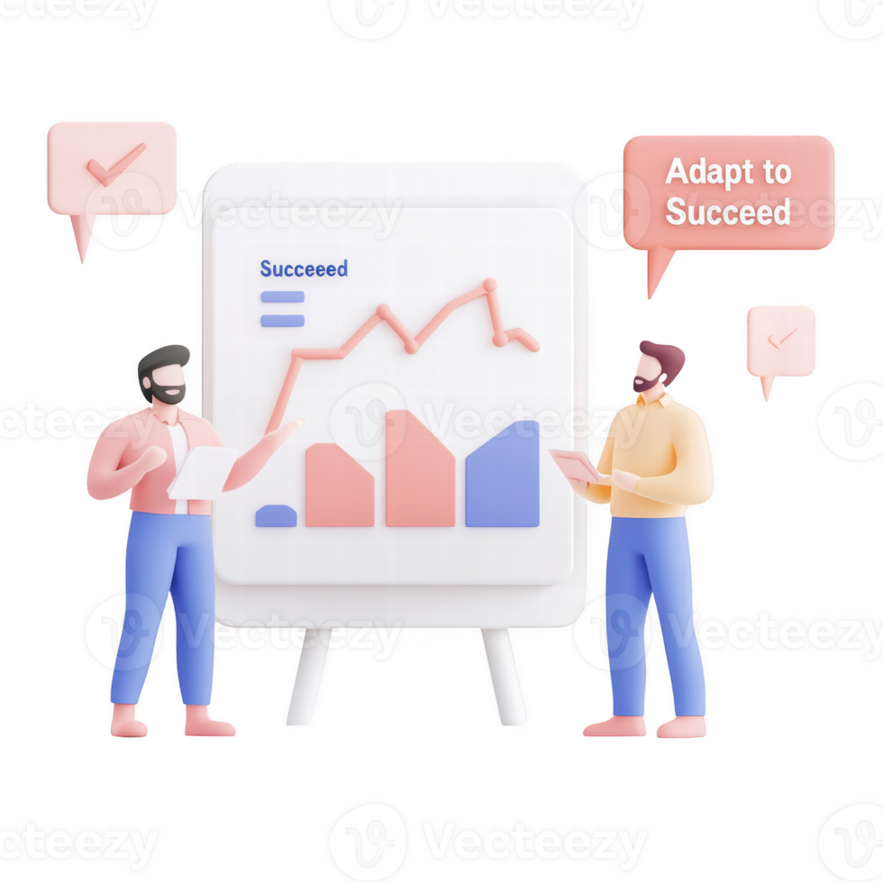 Illustration of two people discussing data trends and success strategies. png