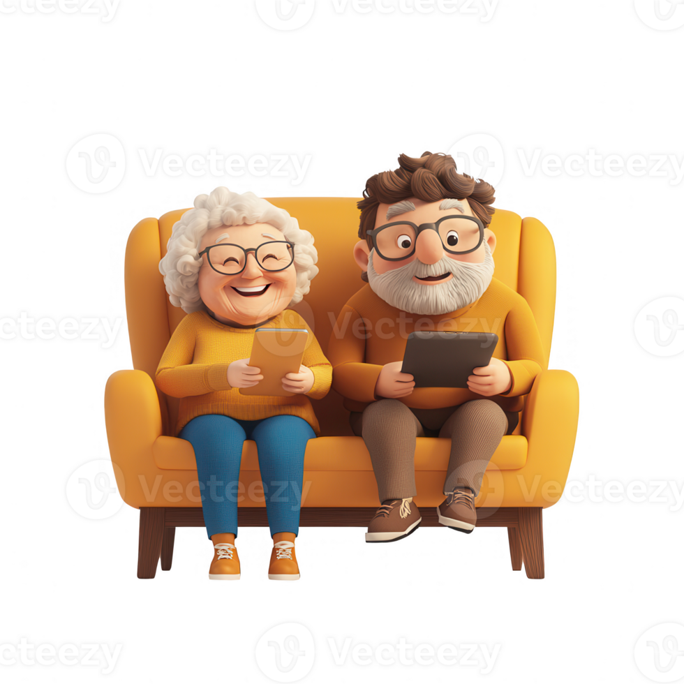 Happy seniors enjoying digital devices together on a cozy couch. png