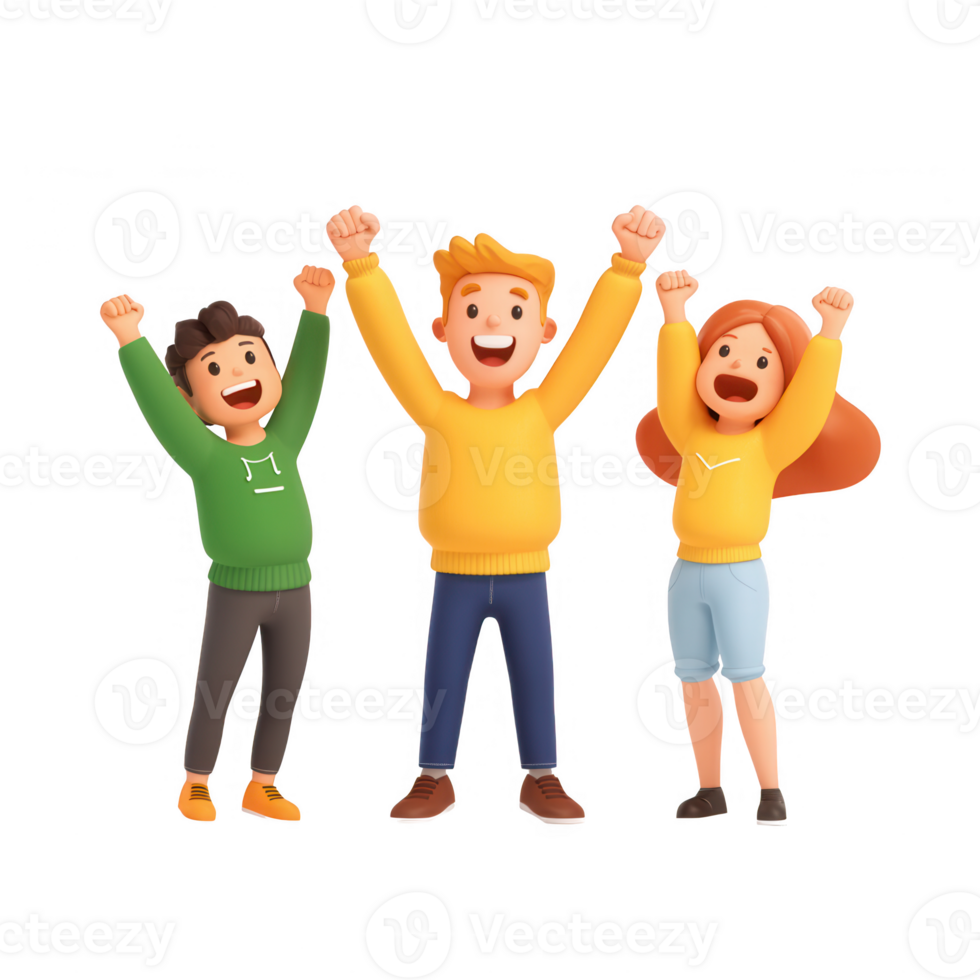 Three cheerful friends celebrating with raised hands and joyful expressions. png