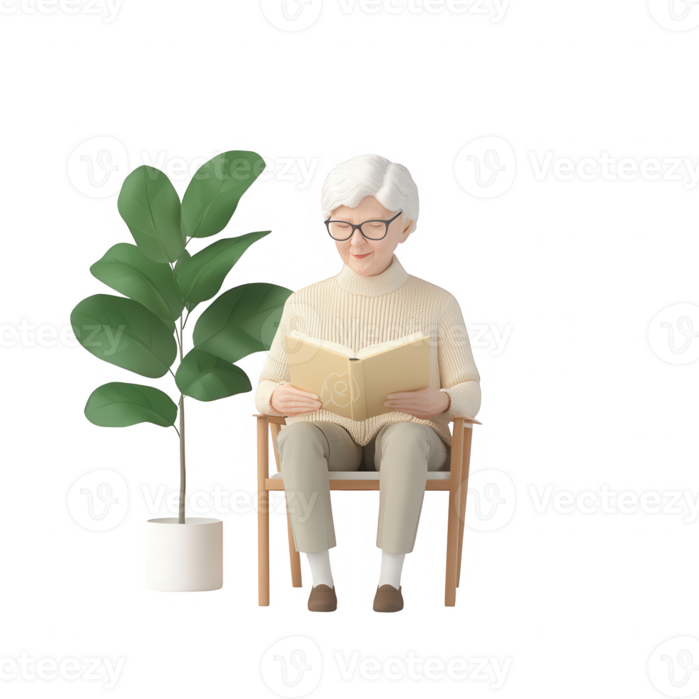 Elderly person reading a book in a cozy environment with a plant nearby. png