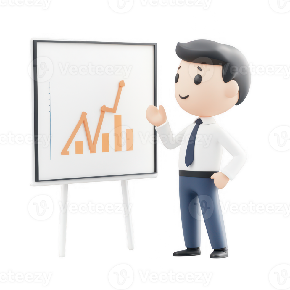 Professional character presenting growth data on a chart for business presentation. png