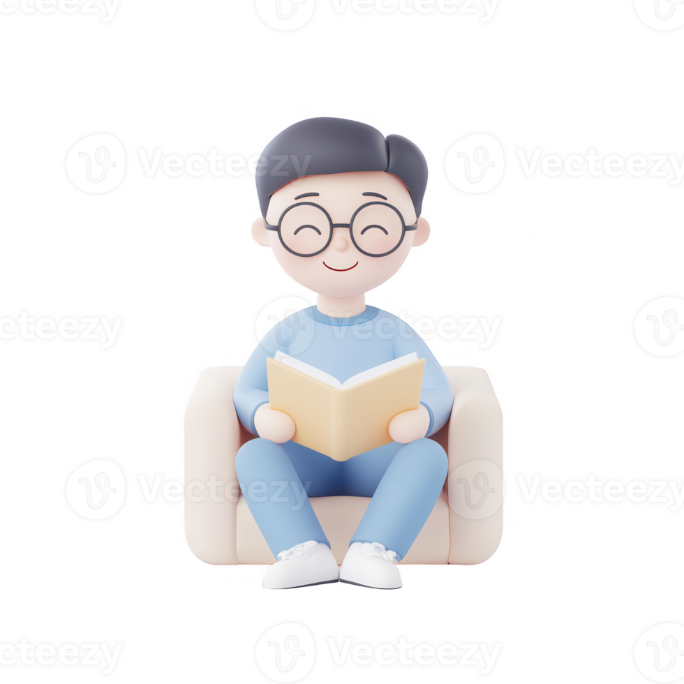 Illustration of a cheerful person reading a book on a cozy sofa at home. png