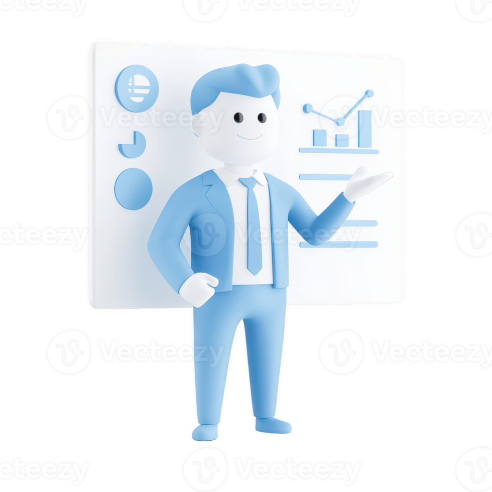A 3D character presenting analytical data on a digital board. png