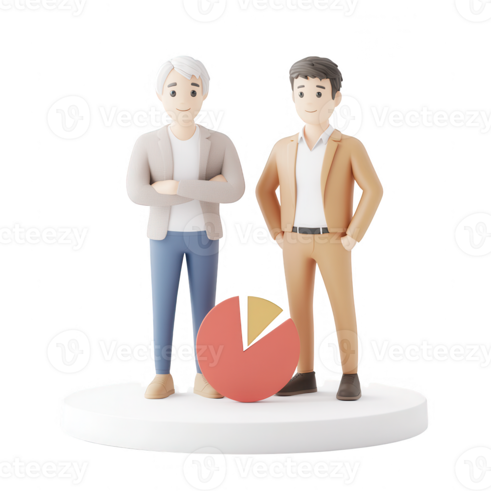 Two business professionals analyzing a colorful pie chart for insights. png