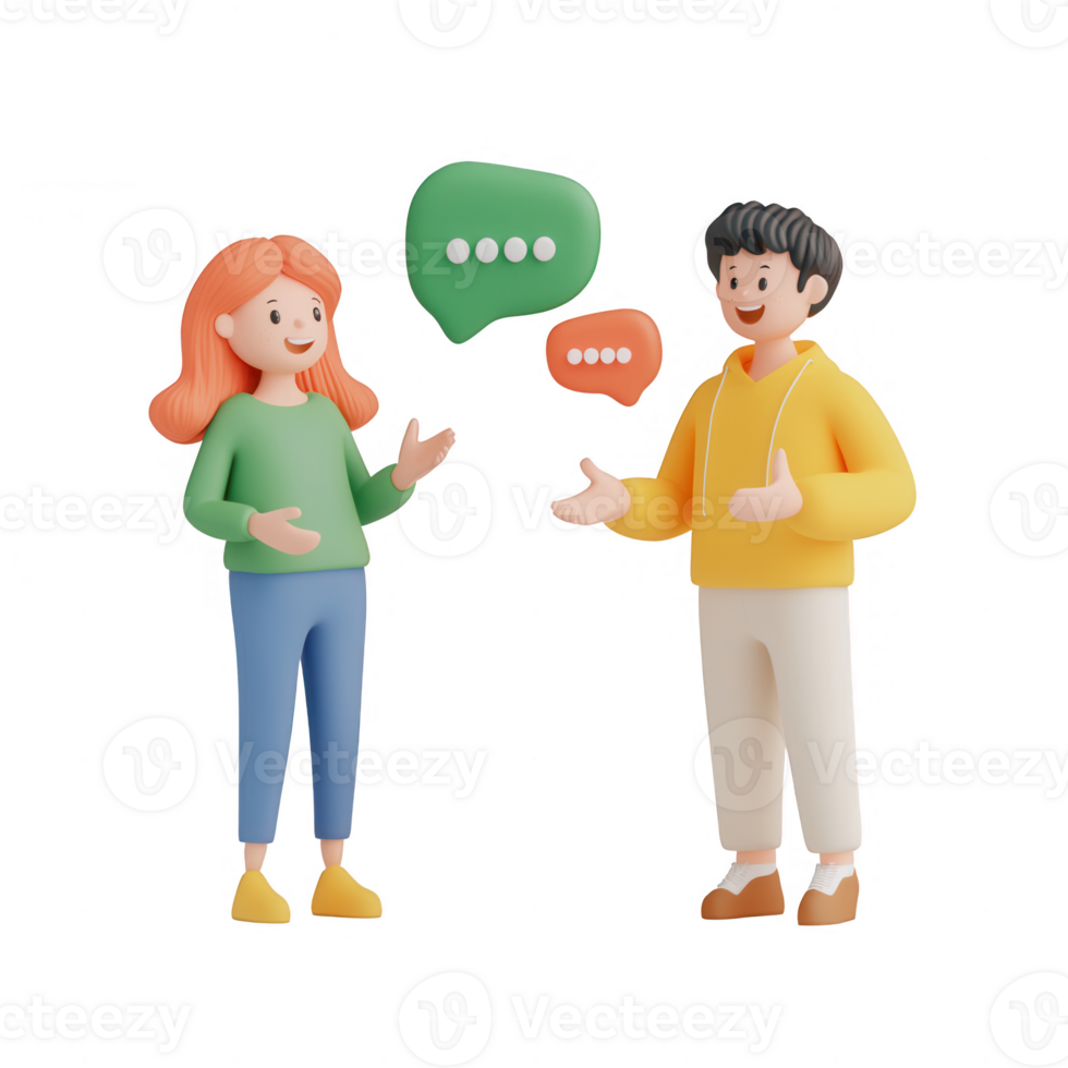 Two animated characters engaged in a lively conversation with speech bubbles. png