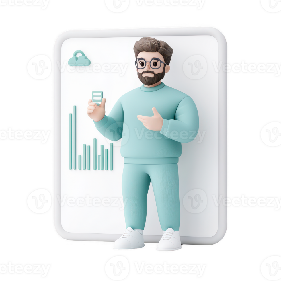A 3D character presenting data analytics in a modern digital environment. png