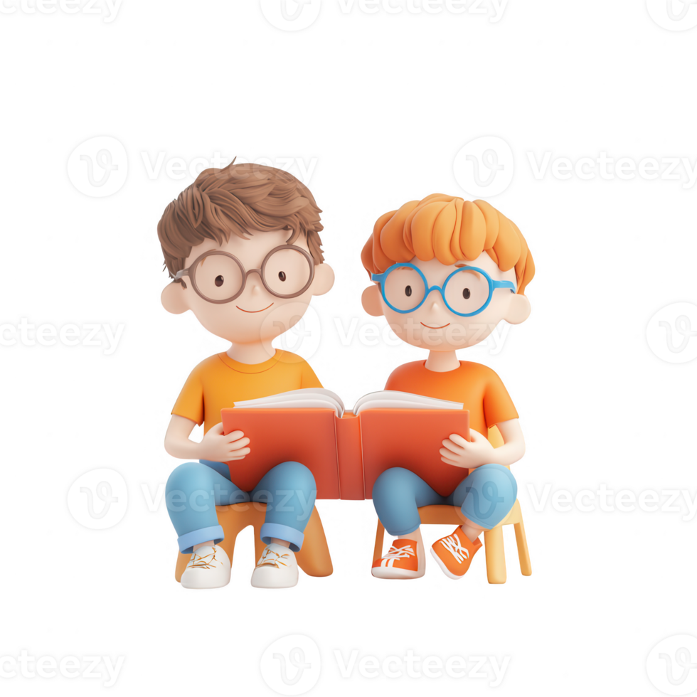 Two animated children reading a book together, sharing a joyful learning experience. png