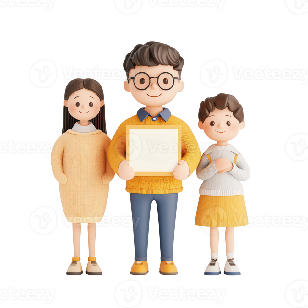 Three cheerful characters holding a certificate with bright colors and friendly expressions. png