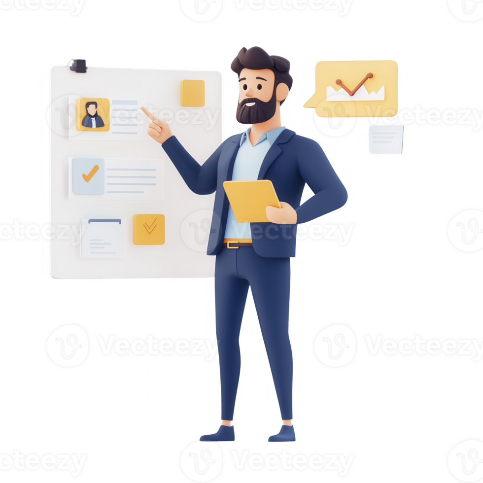 A businessman presenting data and analysis on a digital board. png