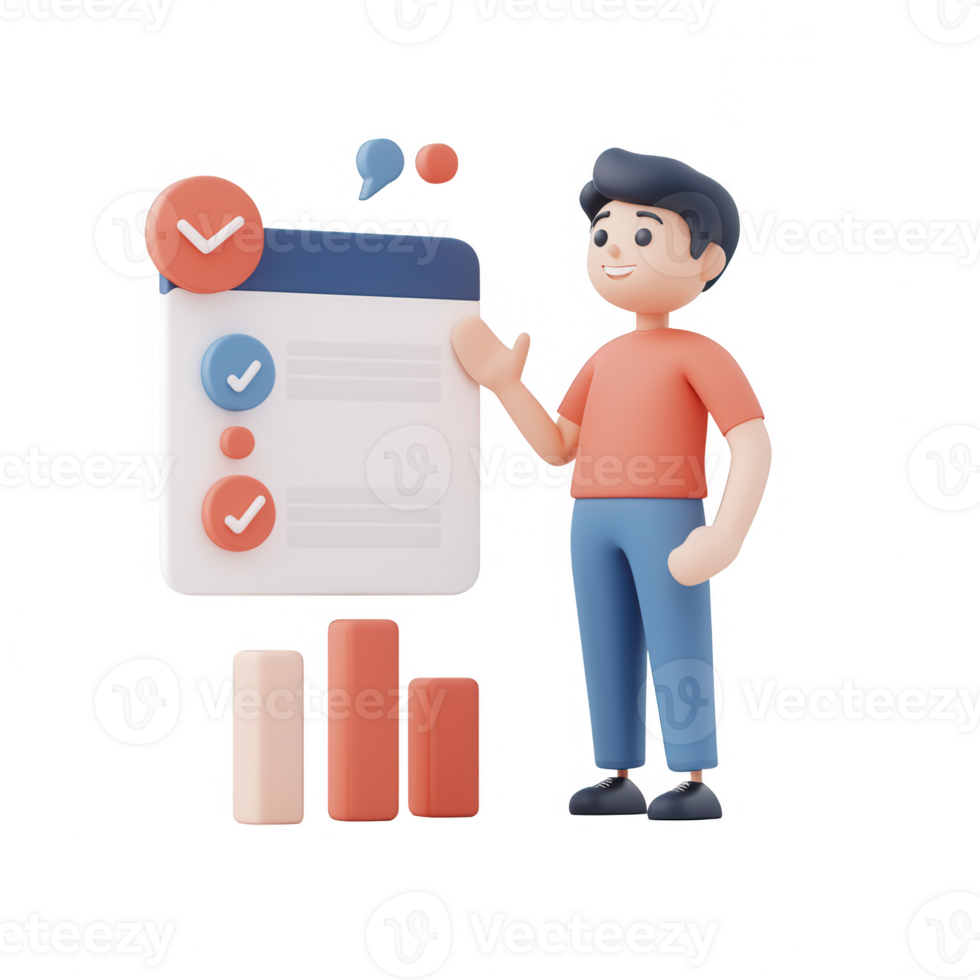 A 3D character presenting data analysis with charts and checklists. png
