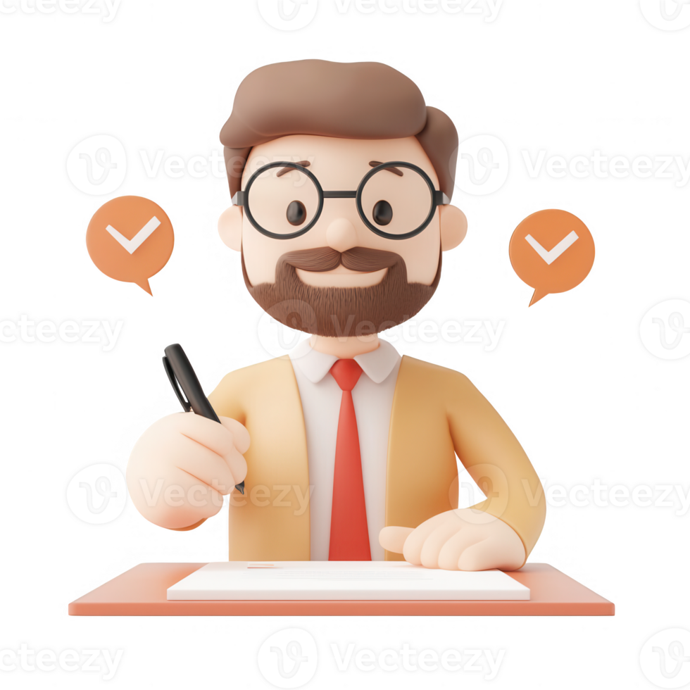 A cartoon man happily writing notes with check marks, symbolizing productivity. png