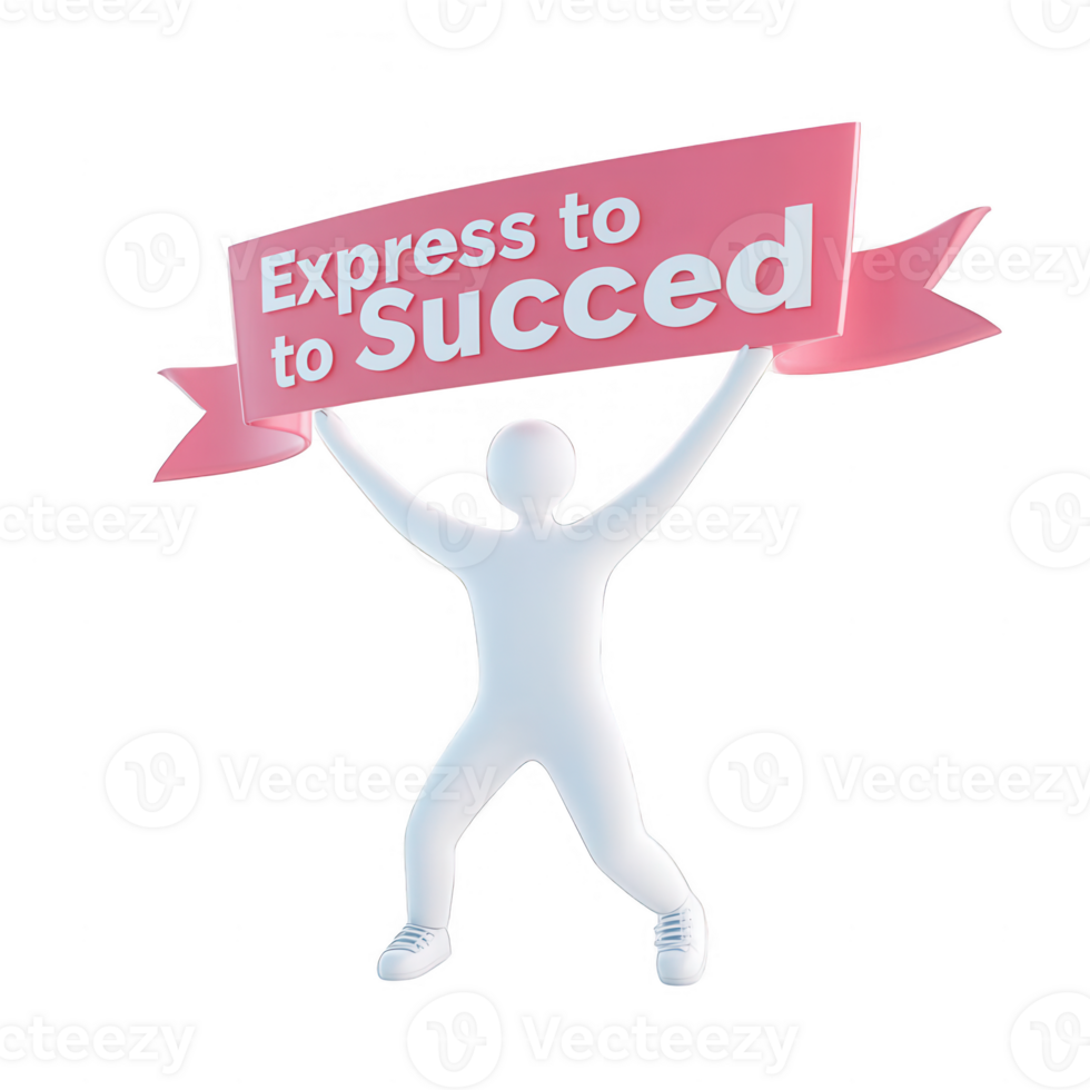 A cartoon figure holding a success banner, symbolizing achievement and motivation. png