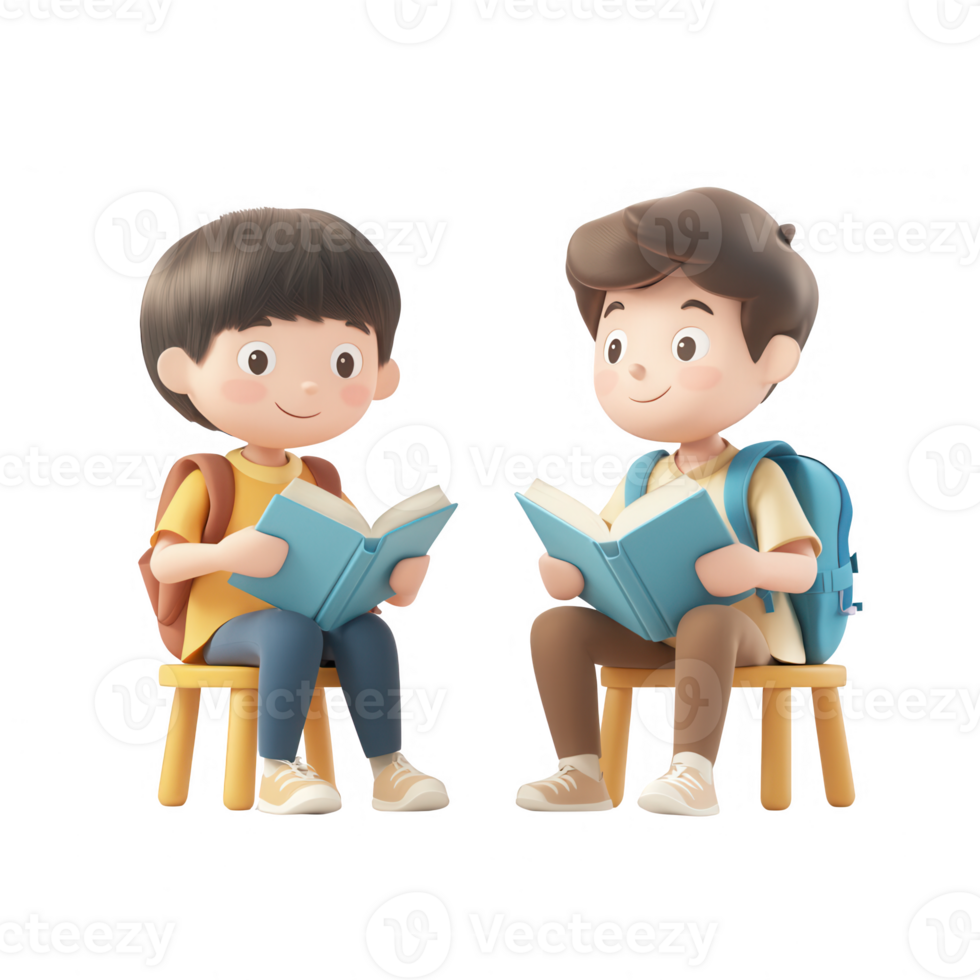 Two cheerful boys reading books together in a cozy setting. png