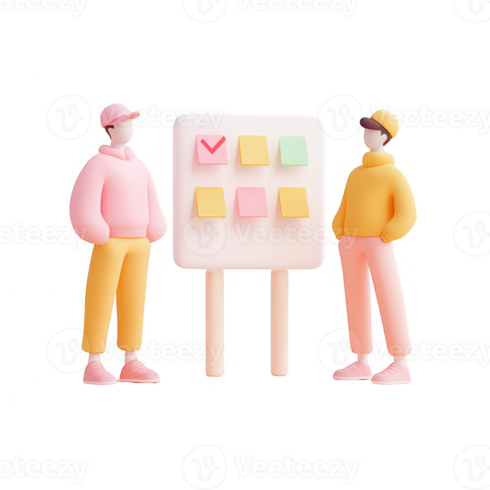 Two colorful characters discussing project planning with sticky notes. png