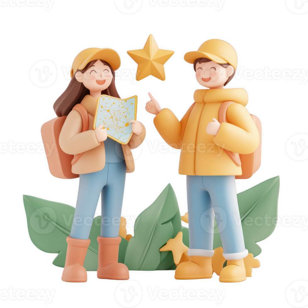 Two cheerful friends exploring nature with backpacks and a map under a starry sky. png