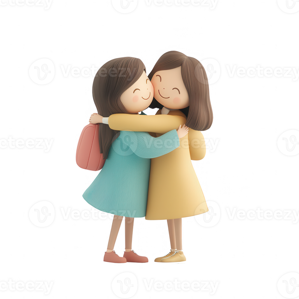 Two friends joyfully embracing each other with smiles and warmth. png