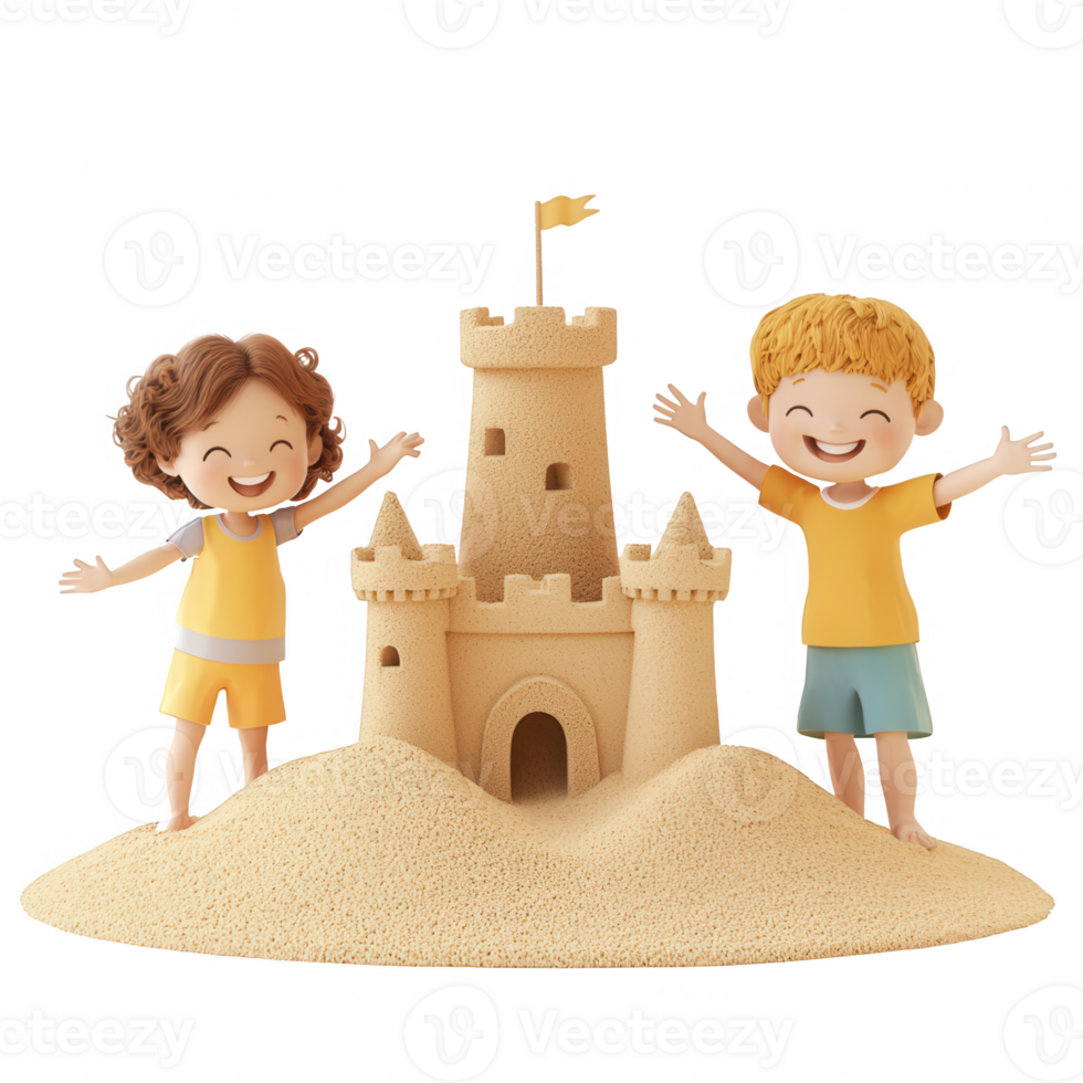 Two joyful children celebrating their sandcastle creation on a sunny beach day. png