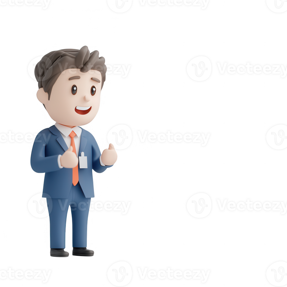 A cheerful businessman character in a suit presenting ideas enthusiastically. png