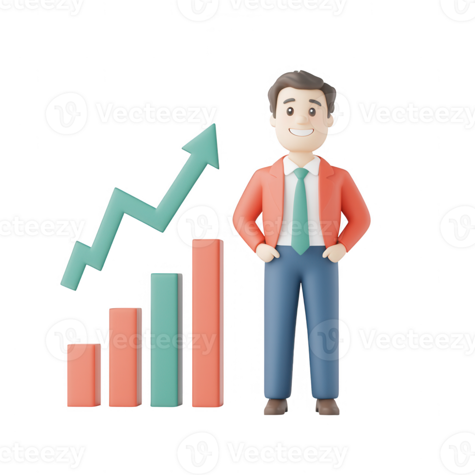 A cheerful businessman presenting a growth chart indicating success and progress. png