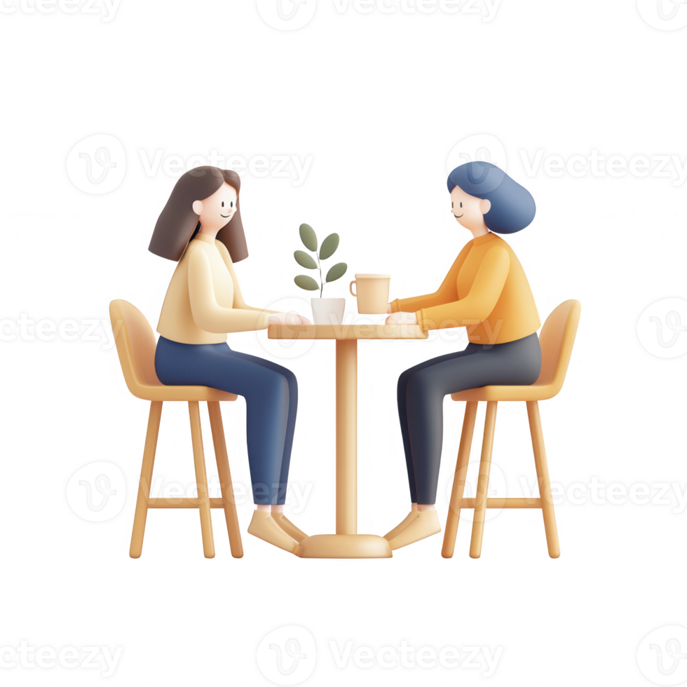 Two friends enjoying coffee and conversation at a cozy table with plants. png