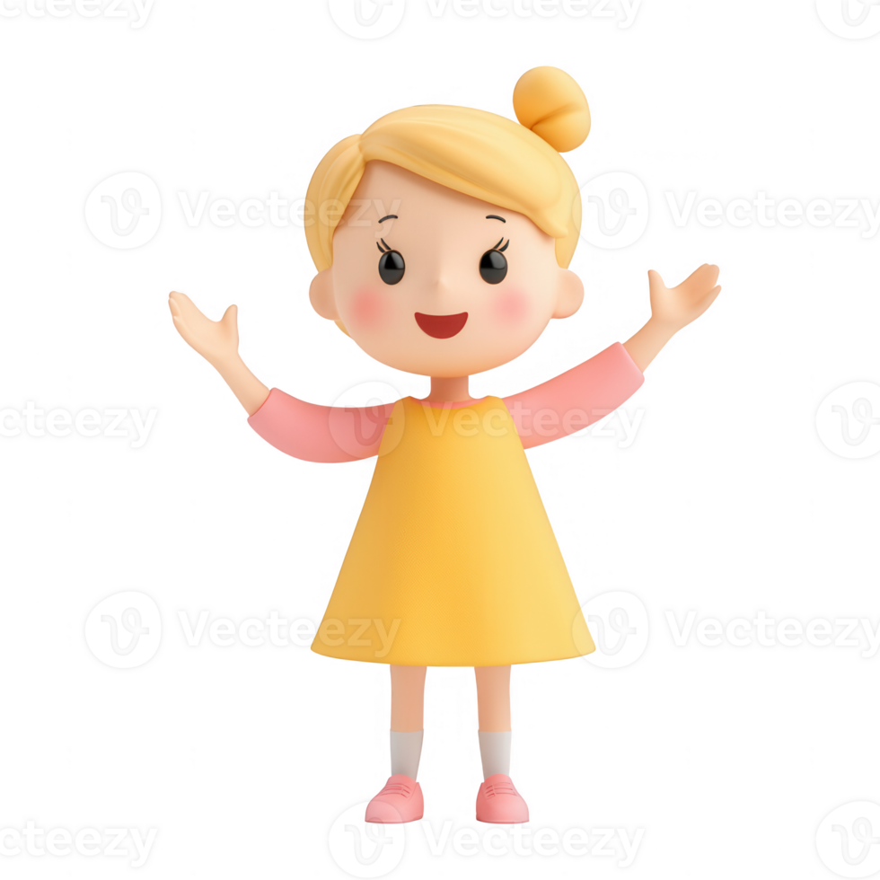 A cheerful cartoon girl in a bright yellow dress expressing joy and excitement. png