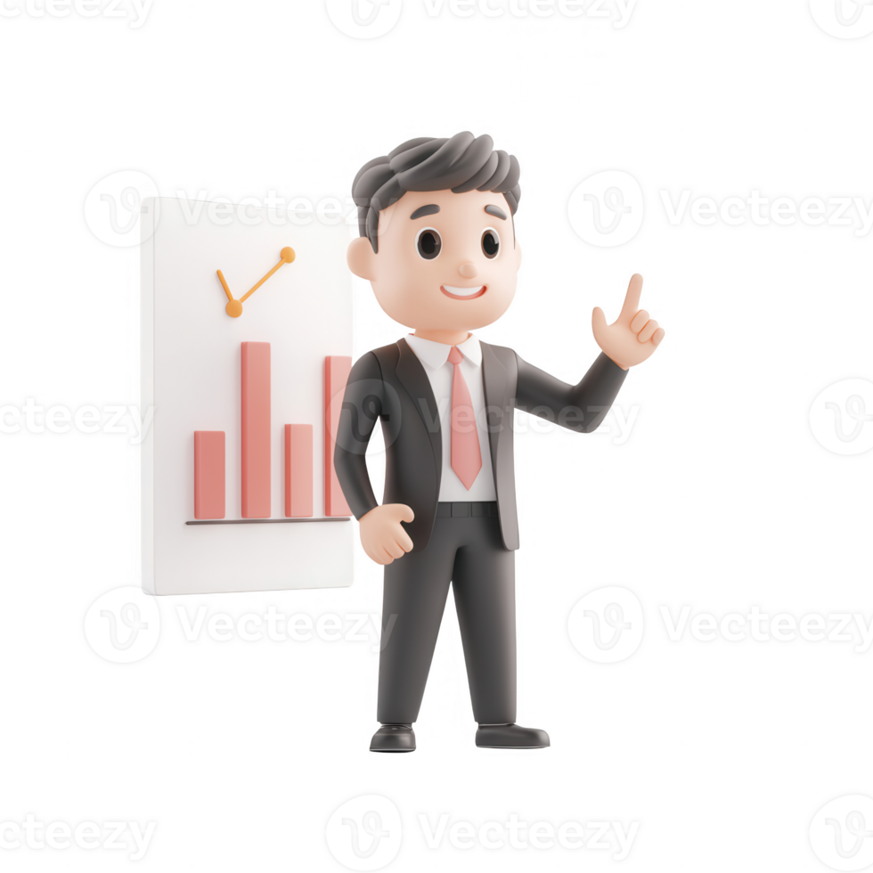 A cheerful businessman presenting a growth chart in a professional setting. png