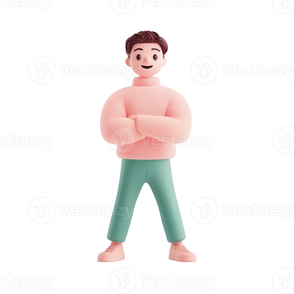 A cheerful cartoon character standing with arms crossed, showcasing confidence and style. png