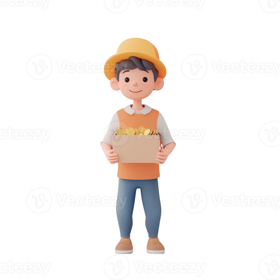 Young boy happily holding a box filled with coins, wearing a straw hat and cheerful outfit. png