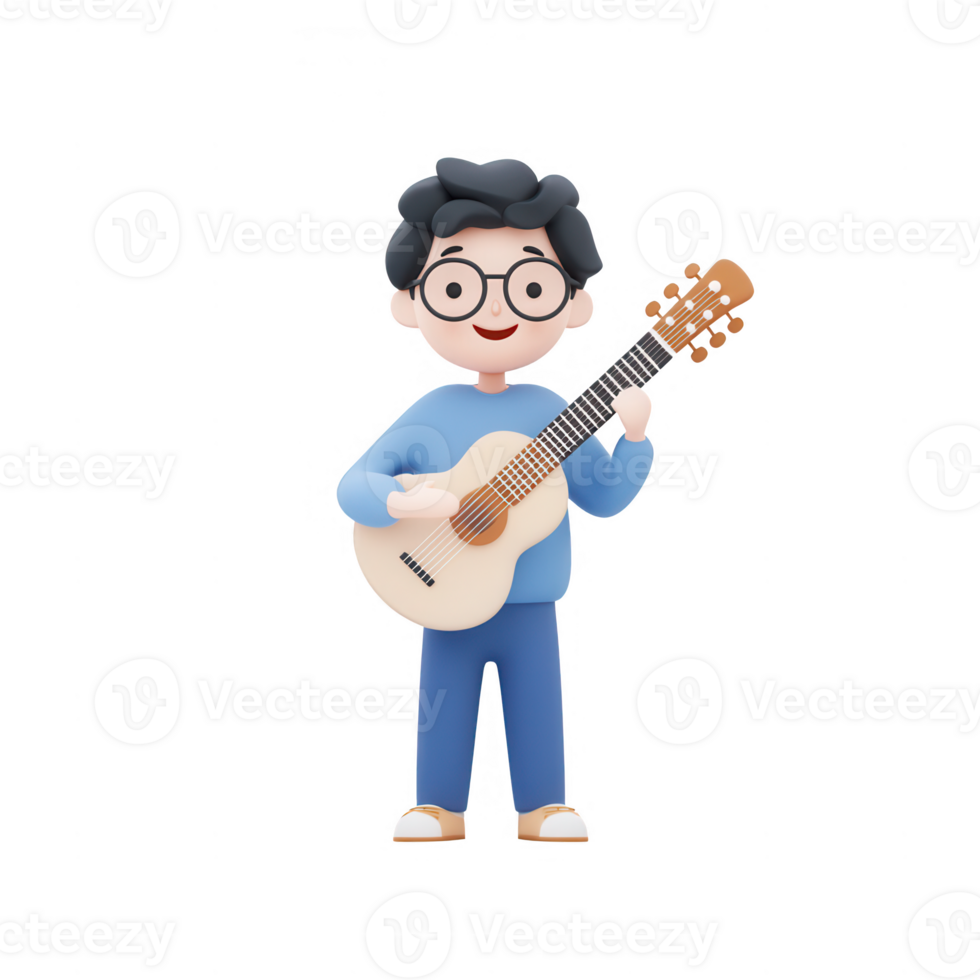 A cheerful character playing guitar in a minimalist style. png