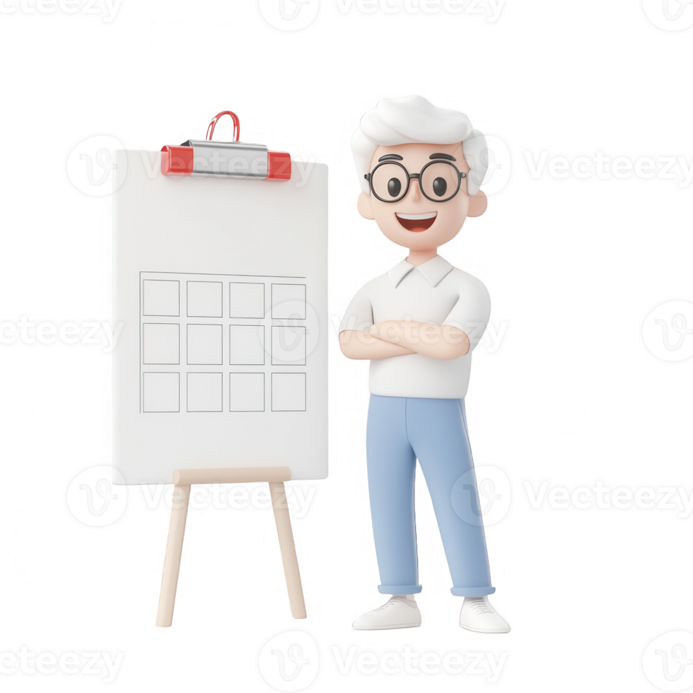 A cheerful character presenting a blank canvas on an easel for creative ideas. png
