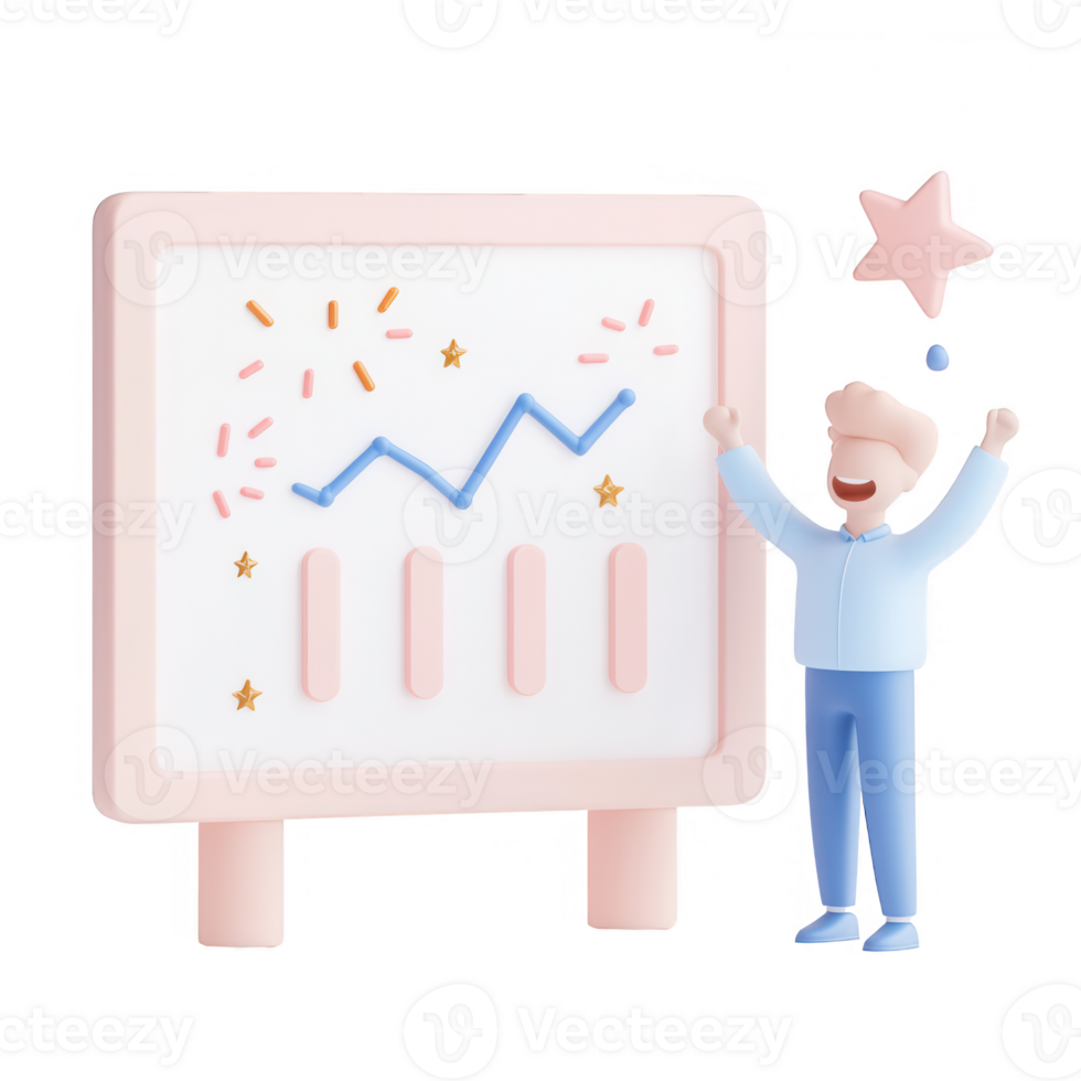 A cheerful character celebrates data success with a growing graph illustration. png