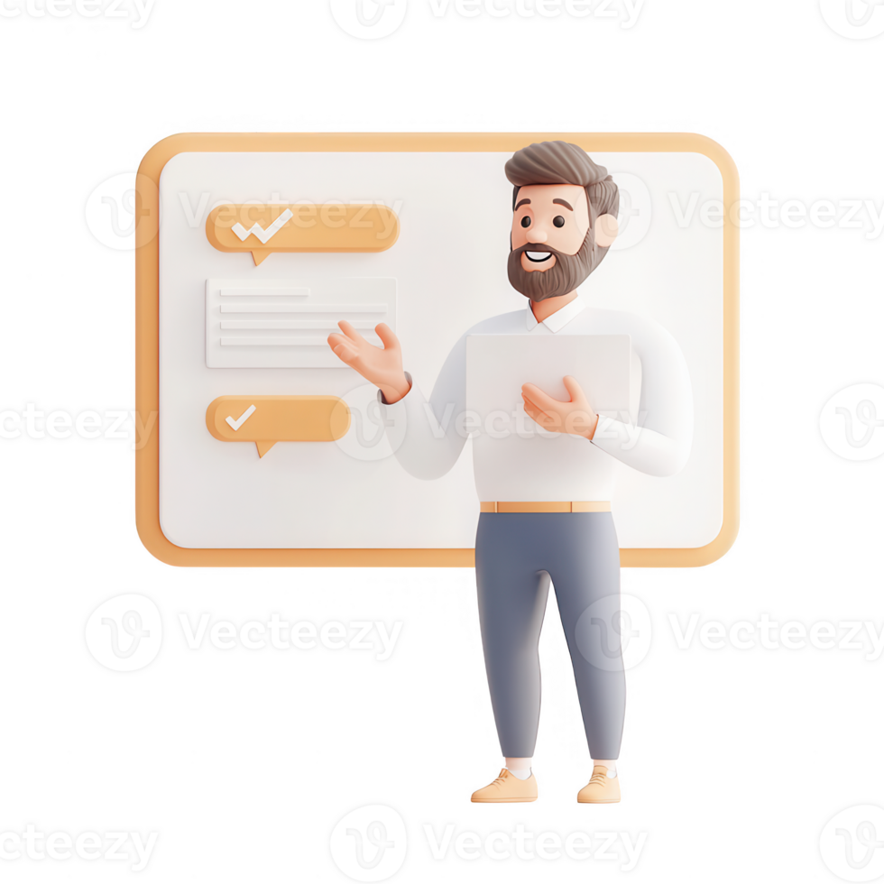 A cheerful man presenting digital information on a modern display. png
