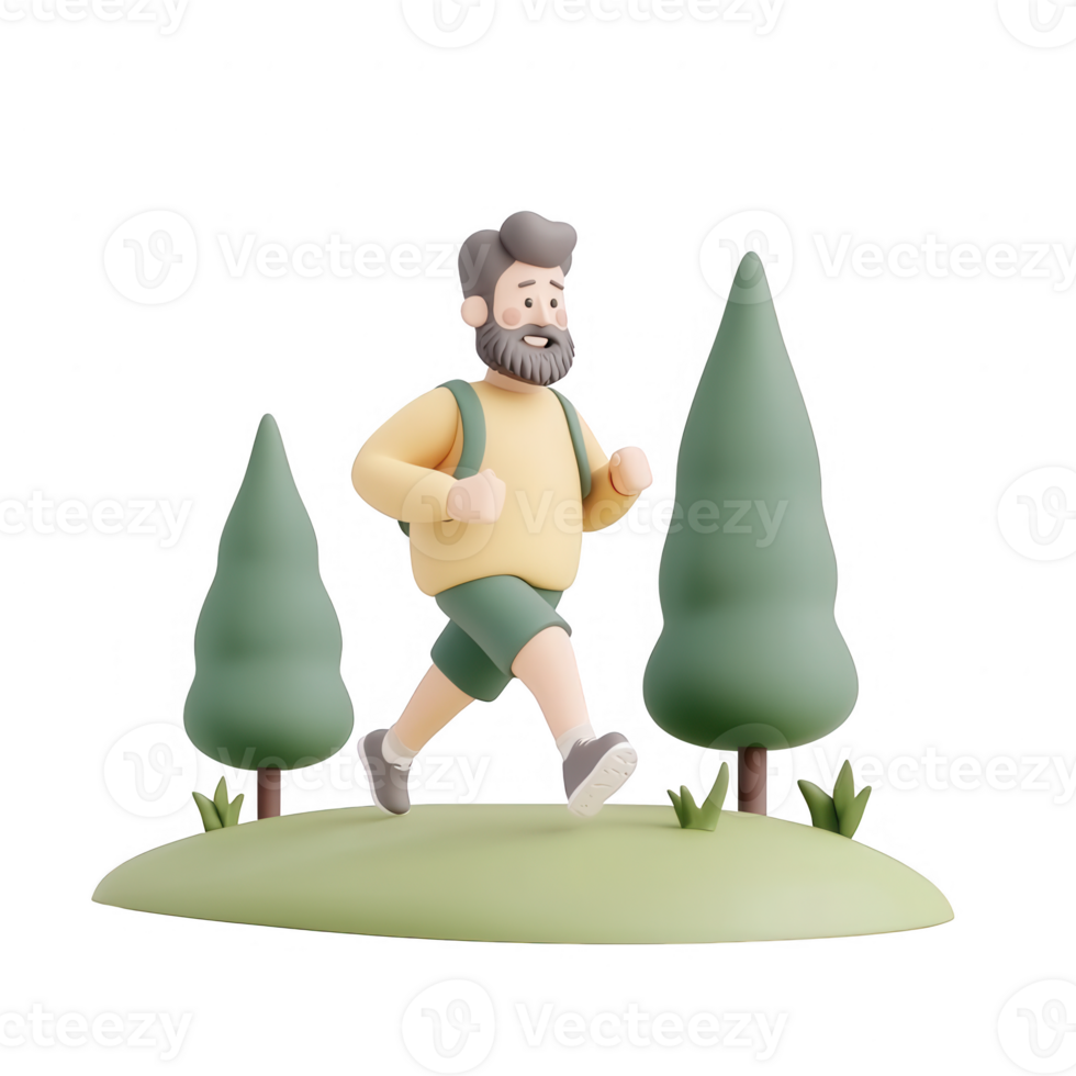 A man jogging in a serene outdoor setting surrounded by trees and greenery. png