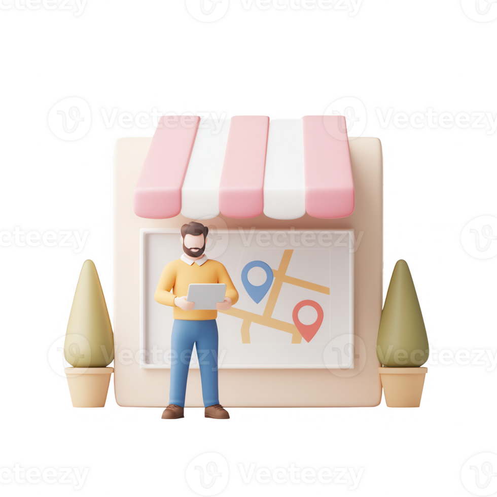 A man using a tablet outside a shop with a map display, representing modern commerce. png