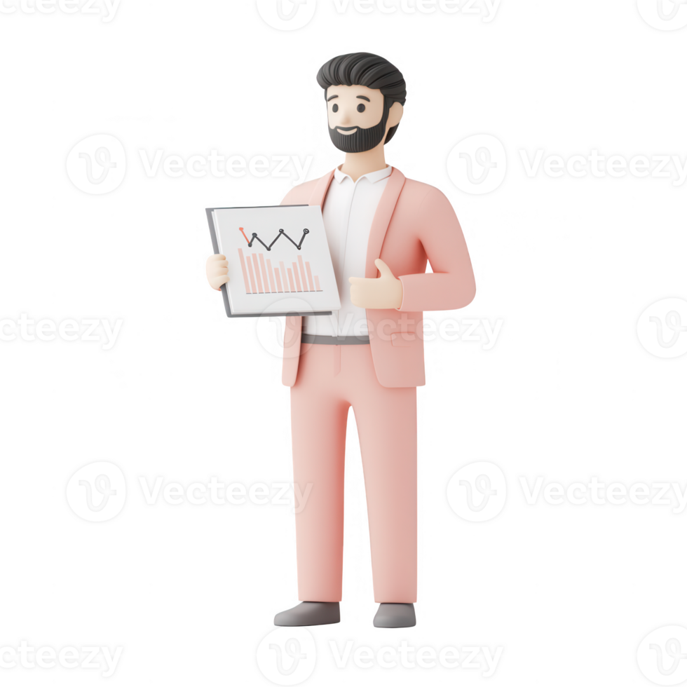 A man in a pink suit presenting a financial report with charts and graphs. png